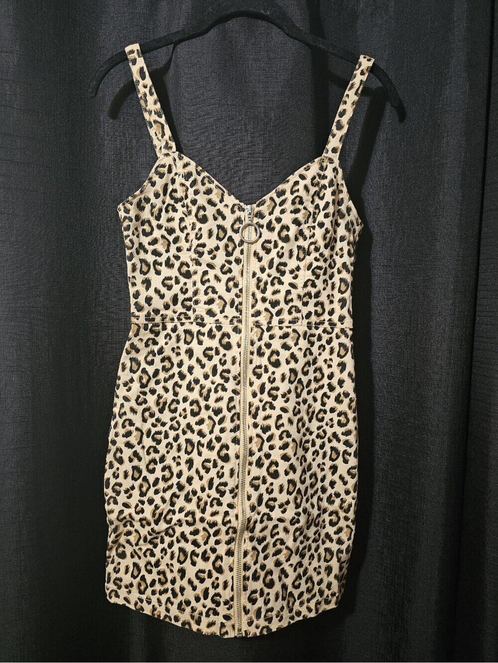H&M Beige Leopard-Print Zip Front Mini Dress